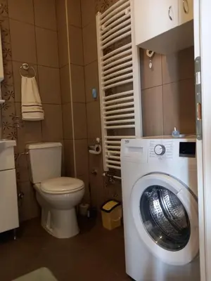 a bathroom with a washing machine and a toilet at Apartman Marija in Paraćin