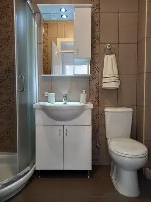 a bathroom with a sink and a toilet and a mirror at Apartman Marija in Paraćin
