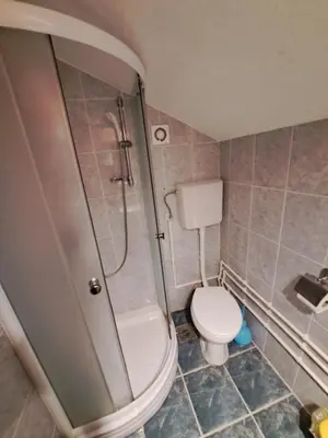 a small bathroom with a toilet and a shower at Apartman Jova in Vrnjačka Banja