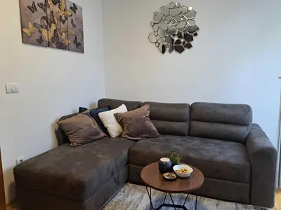 a brown couch in a living room with a table at D&M Porodični apartman in Vrnjačka Banja