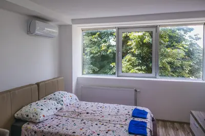 a bedroom with a bed and two windows at RIVERVIEW in Niš