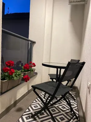 a black chair and table on a balcony with red flowers at Family Home Niš , FREE parking in Niš