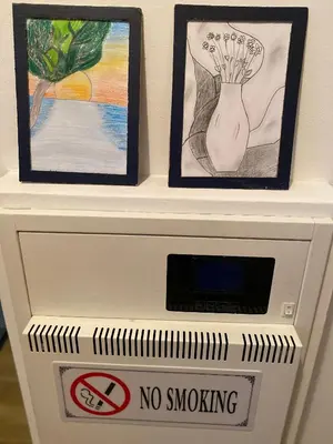a no smoking sign next to two framed paintings at Family Home Niš , FREE parking in Niš