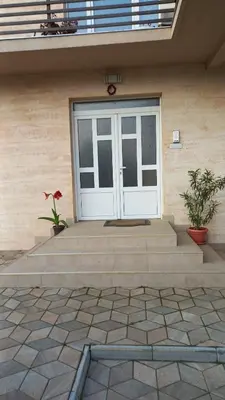 a front door of a house with two potted plants at Apartman Saša in Vranje