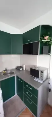 a small kitchen with green cabinets and a microwave at Luka Lux in Niš