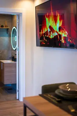 a living room with a fireplace with a tv on the wall at Aqua Casa in Vrnjačka Banja