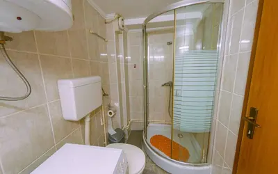 a bathroom with a toilet and a glass shower at Janković Apartmani u centru in Soko Banja