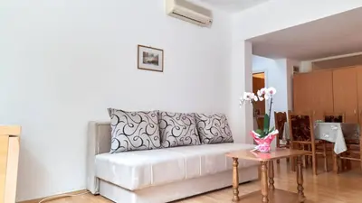 a living room with a white couch and a table at Janković Apartmani u centru in Soko Banja