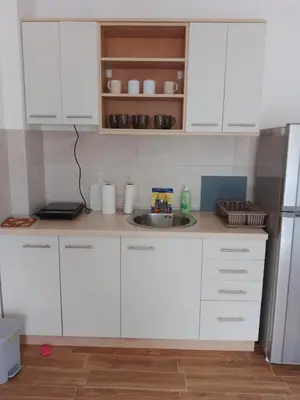 a white kitchen with a sink and a refrigerator at Vesna M in Soko Banja