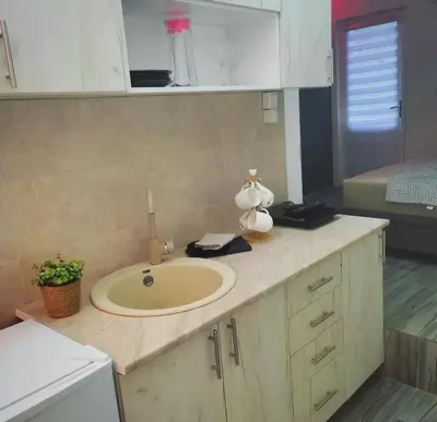 a bathroom counter with a sink and a bed at Apartman Boba Vrnjačka Banja in Vrnjačka Banja