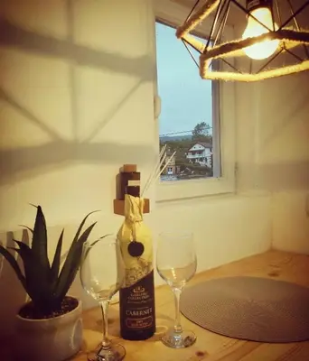a table with two glasses and a bottle of wine at Apartman Boba Vrnjačka Banja in Vrnjačka Banja