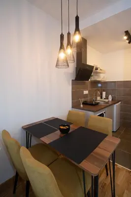 a kitchen and dining room with a table and chairs at Petković apartmani 31 STUDIO in Jagodina