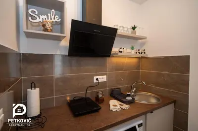 a bathroom with a sink and a tv on a counter at Petković apartmani 34 in Jagodina