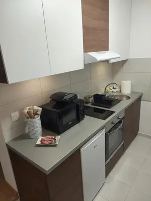 a kitchen with a counter top with a microwave at Apartman Muzika Jagodina in Jagodina