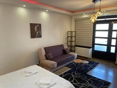 a living room with a bed and a couch at Bora Apartmani - FREE PARKING - CITY CENTER in Vranje
