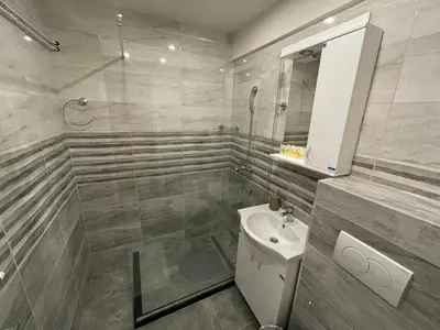 a bathroom with a shower and a toilet and a sink at Bora Apartmani - FREE PARKING - CITY CENTER in Vranje