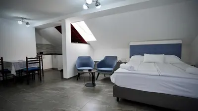 a bedroom with a bed and two chairs and a table at Apartmani Vila Katarina in Vrnjačka Banja