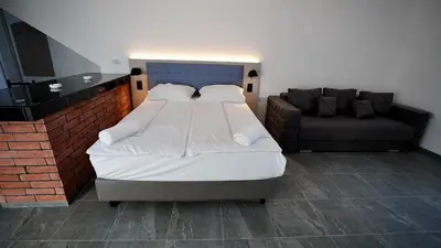 a bedroom with a large bed and a couch at Apartmani Vila Katarina in Vrnjačka Banja