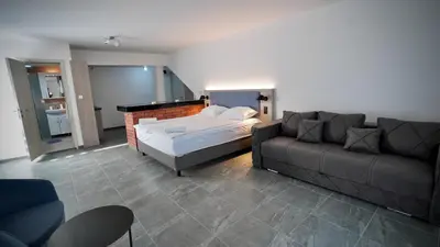 a living room with a bed and a couch at Apartmani Vila Katarina in Vrnjačka Banja