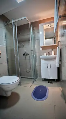 a bathroom with a shower and a toilet and a sink at Apartmani Vila Katarina in Vrnjačka Banja