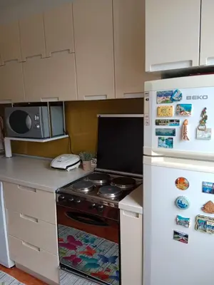 a kitchen with a stove and a refrigerator at Apartman Dragana in Pirot