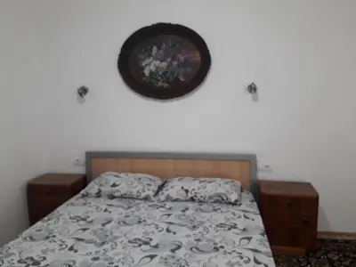 a bedroom with a bed and a picture on the wall at Green apartments 2 in Kuršumlija