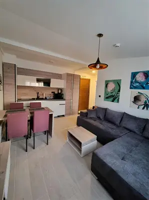 a living room with a couch and a table at Kopaonik Heights N97 Spa and Wellnes in Kopaonik