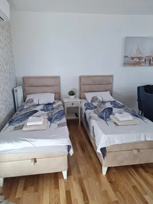two beds sitting next to each other in a bedroom at Lux apartment 10 center, free parking in Niš