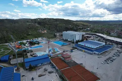 an overhead view of a building and a pool at Apartman ELENA in Jagodina