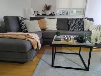 a living room with a couch and a coffee table at Apartman Riva Parking Garaža in Kraljevo