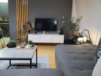 a living room with a couch and a tv at Apartman Riva Parking Garaža in Kraljevo