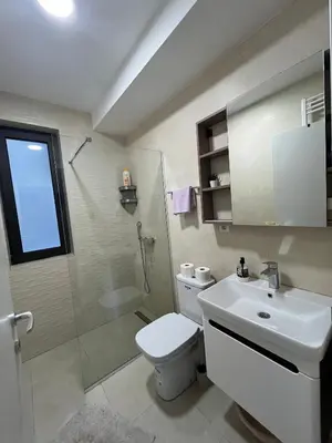 a bathroom with a toilet and a sink and a shower at Lux apartment 12 center, free parking in Niš