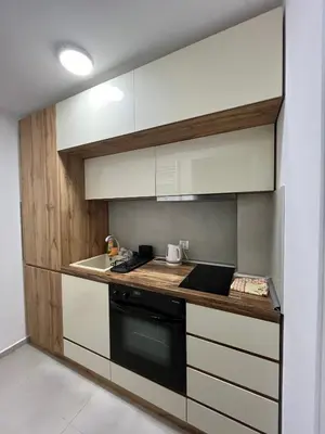 a kitchen with white cabinets and a stove and a sink at Lux apartment 12 center, free parking in Niš