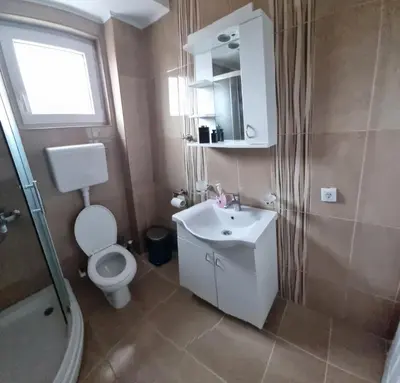 a bathroom with a toilet and a sink and a shower at Nada-S in Soko Banja