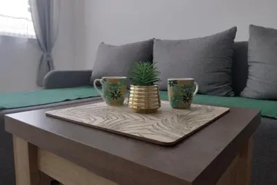 a coffee table with two mugs and a plant on it at Green Apartman in Paraćin