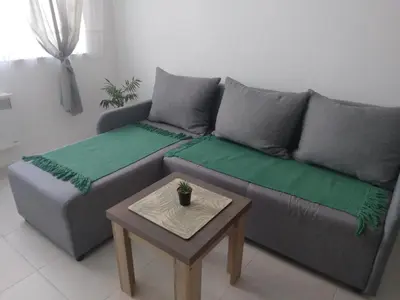 a living room with a couch and a table at Green Apartman in Paraćin