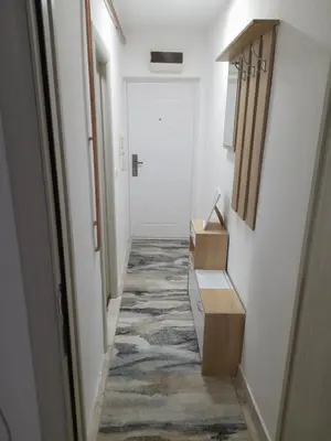 a hallway with a white door and a room with a rug at Holiday apartament three in Niš