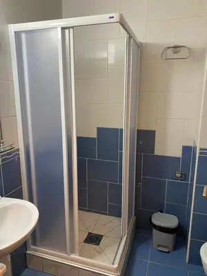 a bathroom with a shower with a toilet and a sink at Apartman Breza 3 in Kruševac