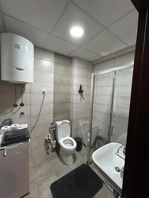 a bathroom with a toilet and a sink and a shower at Matic Apartmani 4 in Trnava