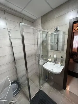 a bathroom with a shower and a sink at Matic Apartmani 4 in Trnava
