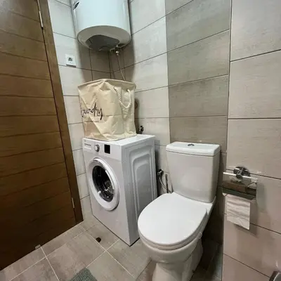 a bathroom with a toilet and a washer and dryer at R Lux Apartman Jagodina Akva Park in Jagodina