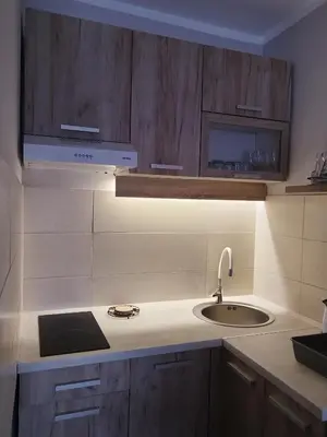 a kitchen with wooden cabinets and a sink at SPA 25 in Vrnjačka Banja