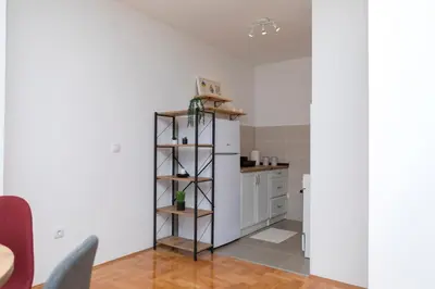 a kitchen with a white refrigerator and a shelf at City Center Condo Vranje in Vranje