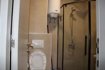 a small bathroom with a toilet and a shower at Apartman Mist - Bela Reka Kopaonik in Brzeće