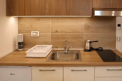 a kitchen with a sink and a counter top at GOLDEN VIEW Sokobanja in Soko Banja