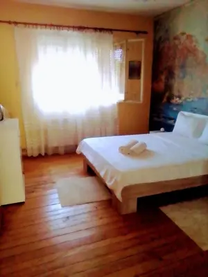 a bedroom with a white bed with a window at Timočko gnezdo in Zaječar