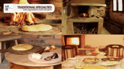 a collage of pictures of a kitchen with a fireplace at Eco Farm Milanovic in Despotovac