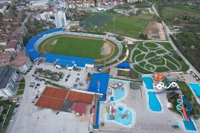 an aerial view of a park with a water park at Lux Apartman Sunce in Jagodina