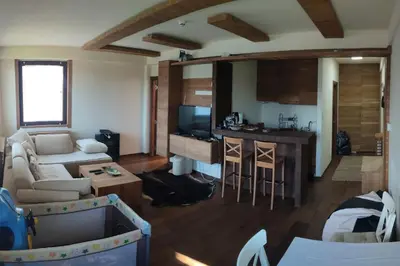 a living room with a couch and a kitchen at Vidik suite in Kopaonik