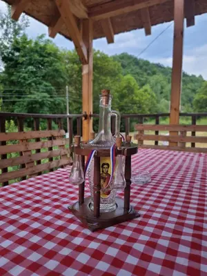 a bottle on a table on a checkered table cloth at Kmetova Bajka in Janja